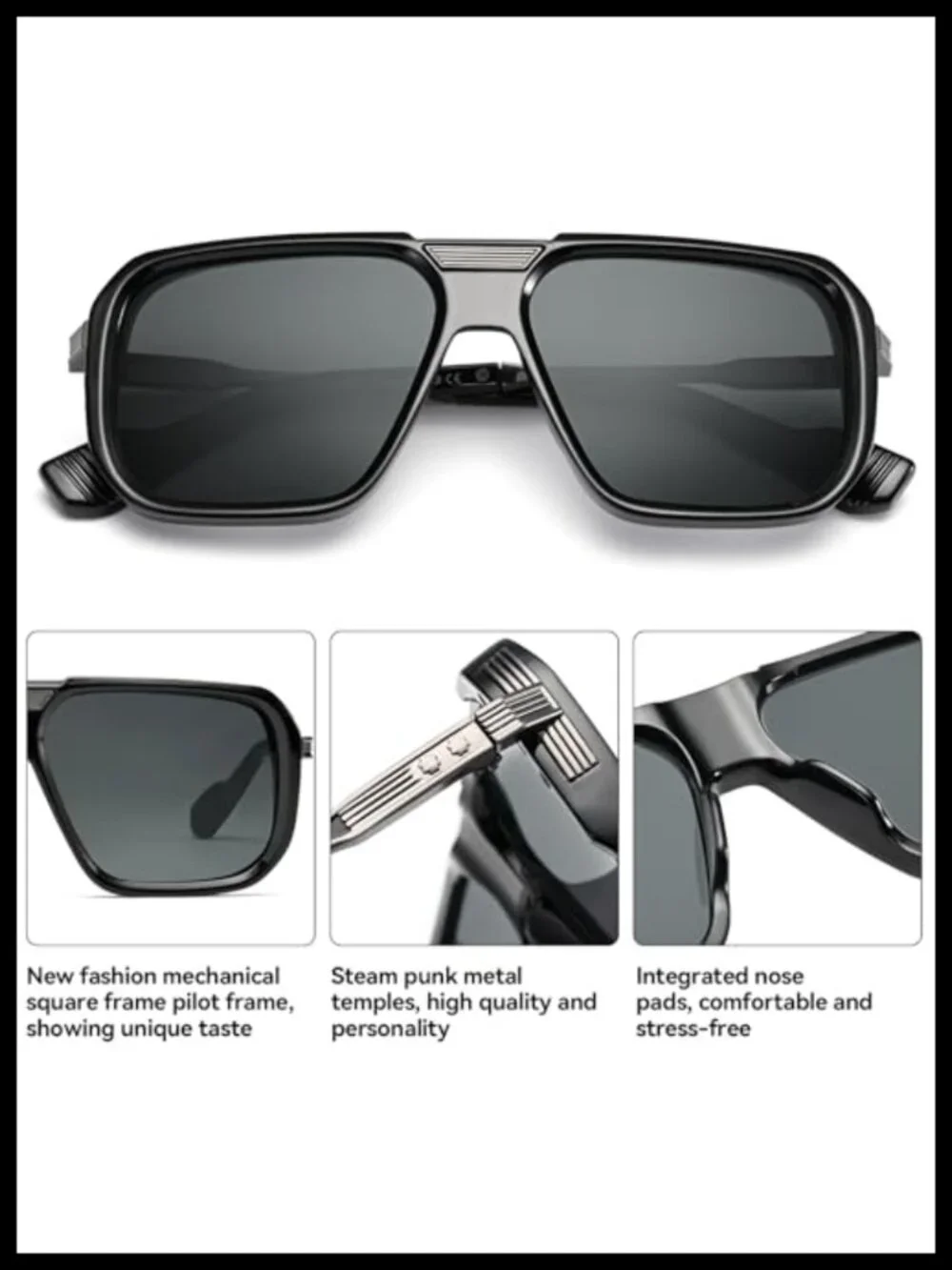 Square Aviator Sunglasses Men Metal Frame Punk Retro UV400 Shades